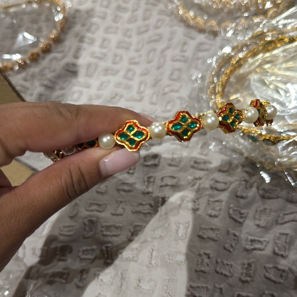 Gold-Tone Green Enamel Pearl Headband